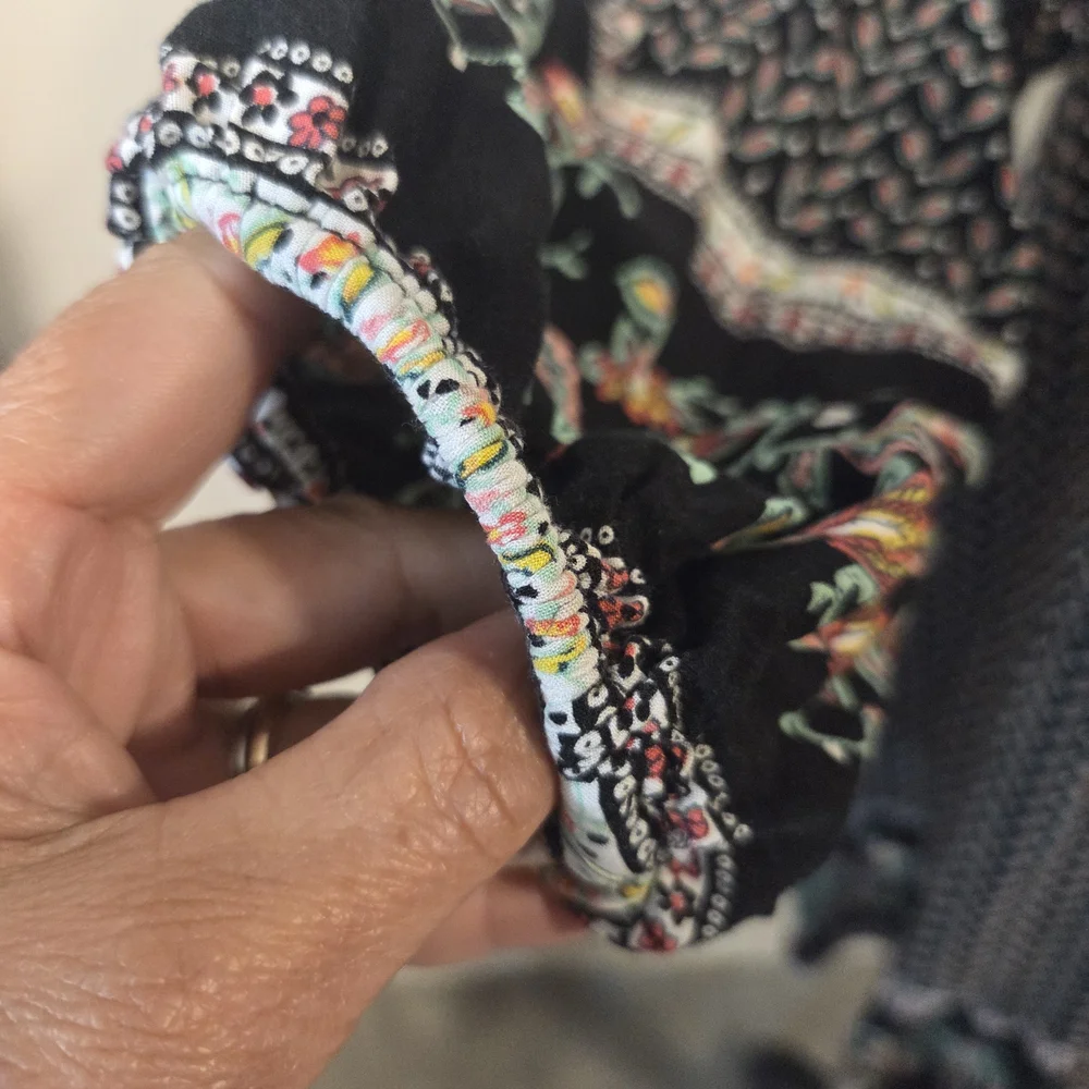 Umgee Boho Black Printed Dress Pink Trim Colorblock V Neck Embroidered Sleeves - Picture 8 of 16